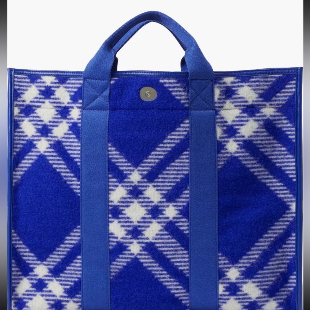 Burberry Check Wool Blend & Leather Tote In Blue $1650